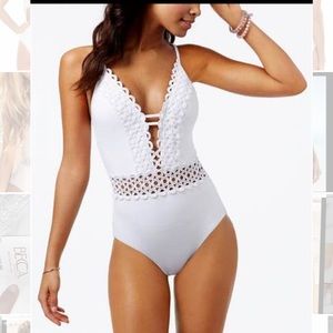 Becca White Swimsuit w Crochet Detail NWT  Large